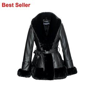 Faux Leather Jacket with Faux Fur Collar, Peplum Parka Coat with Belt